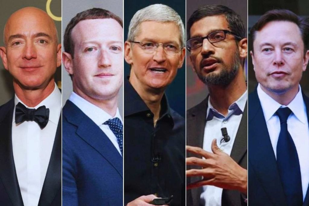 Jeff Bezos, Mark Zuckerberg, Tim Cook, Sundar Pichai, Elon Musk