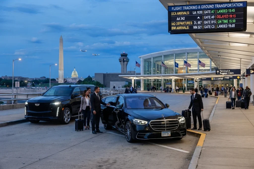 Airport transportation to DCA, IAD, and BWI with real-time flight tracking